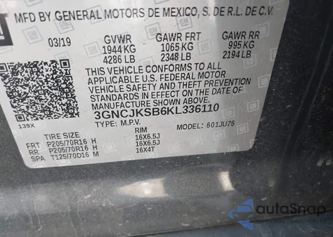 2019 Chevrolet Trax Ls from USA, damaged, VIN 3GNCJKSB6KL336110
